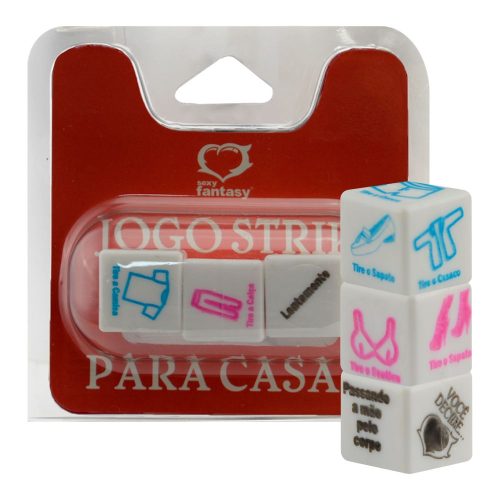 Dados Jogo Strip para Casal Sexy Fantasy com 3 dadinhos. Uma brincadeira para adultos com desafios de striptease, pensada para deixar os momentos a dois mais divertidos.