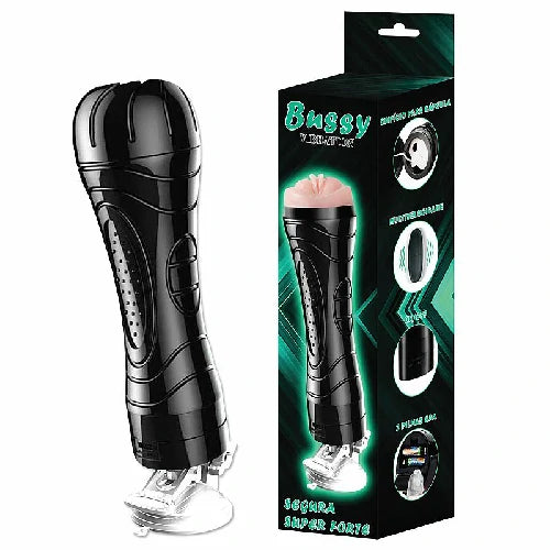 Masturbador Masculino tipo lanterna com ventosa, vibração e textura interna. Possui 24 cm de comprimento e funciona com 2 pilhas AAA. Modelo Vagina Bussy.