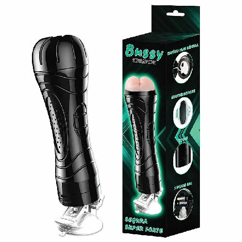 Masturbador Masculino tipo lanterna com ventosa, vibração e textura interna. Possui 24 cm de comprimento e funciona com 2 pilhas AAA. Prático e portátil. Compre na FeelHot.