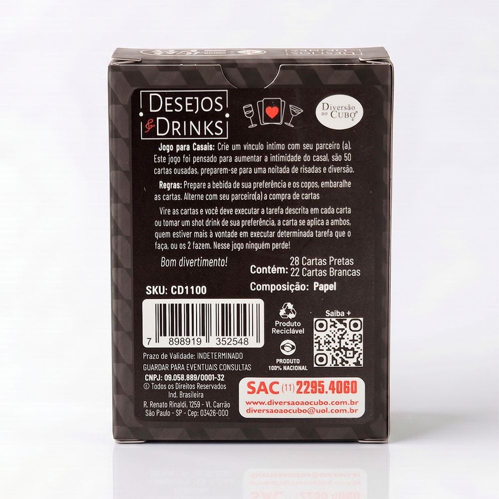 JOGO ERÓTICO DE BARALHO DESEJOS E DRINKS COM 50 CARTAS