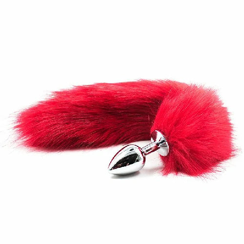 PLUG EM METAL CROMADO FORMATO RABO DE RAPOSA VERMELHO TAMANHO M