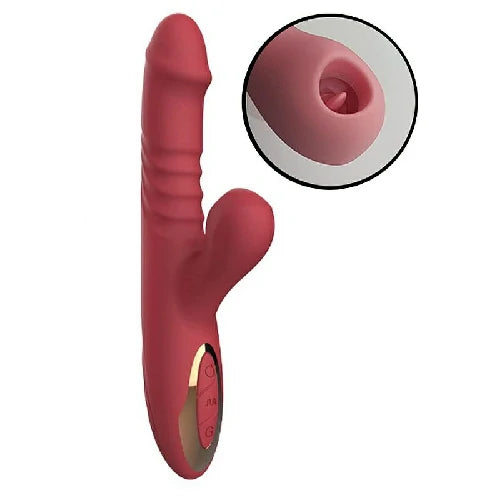 VIBRADOR PONTO G E CLITÓRIS COM ESTIMULADOR DE LINGUA E VAI E VEM VERMELHO