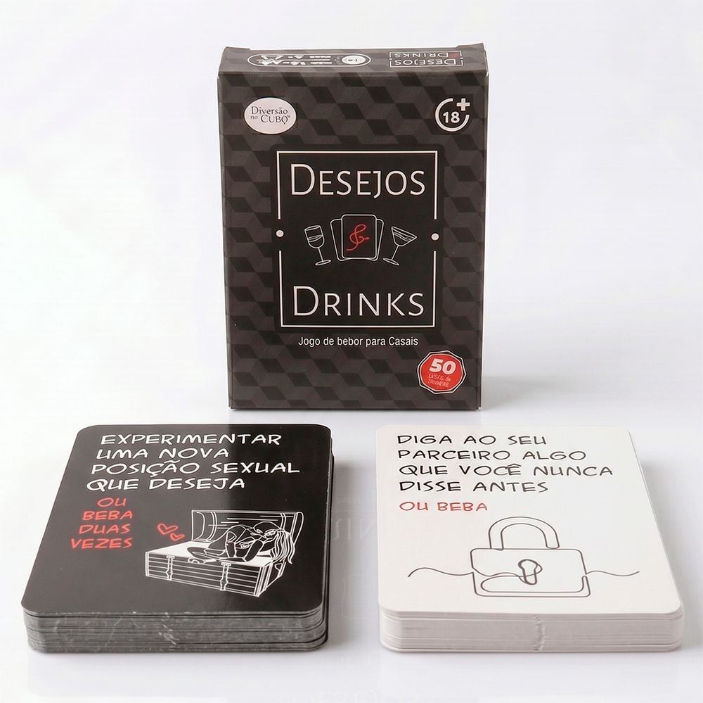 Baralho Desejos e Drinks com 50 cartas de desafios sensuais, divididas entre níveis leves e ousados para casais. Compre na FeelHot.