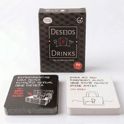 Baralho Desejos e Drinks com 50 cartas de desafios sensuais, divididas entre níveis leves e ousados para casais. Compre na FeelHot.