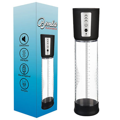 Bomba peniana automática recarregável via USB, com sistema de vácuo, 3 modos de intensidade e anel de vedação em silicone.