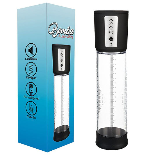 Bomba peniana automática recarregável via USB, com sistema de vácuo, 3 modos de intensidade e anel de vedação em silicone.