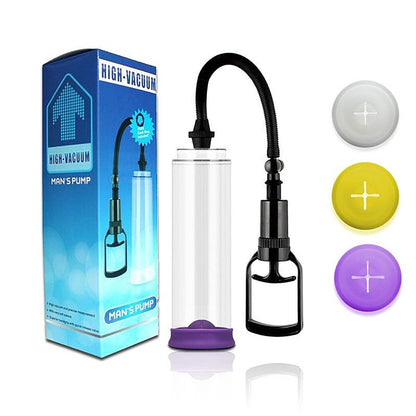 Bomba peniana manual High Vacuum com botão de descompressão rápida e 3 anéis de silicone com diferentes diâmetros. Modelo Man's Pump.