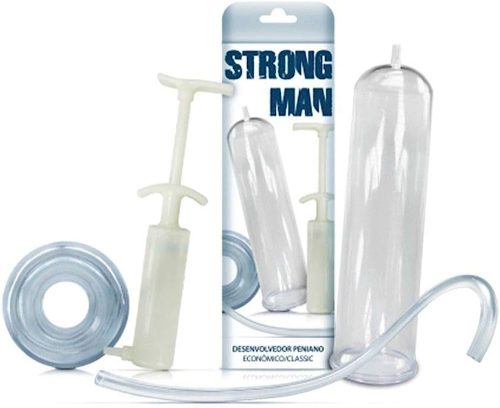 Bomba peniana Strong Man manual com cilindro transparente, manômetro, mangueira e anel vedador em silicone. Modelo Sexy Fantasy.