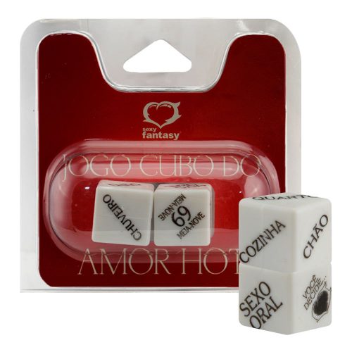 Dados Cubo do Amor Sexy Fantasy com 2 dadinhos para adultos, com posições, ações e locais. Uma brincadeira divertida para casais explorarem novas experiências.