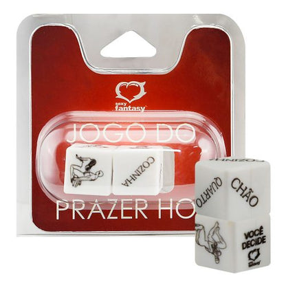 Dados Jogo do Prazer Hot Sexy Fantasy com 2 dadinhos para adultos, com posições, ações e locais. Uma brincadeira para casais deixarem os momentos a dois mais divertidos.