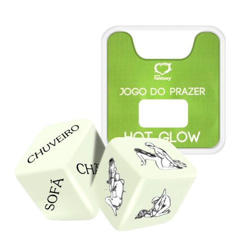 Dados Jogo do Prazer Hot Glow Sexy Fantasy com 2 dadinhos que brilham no escuro. Um jogo para casais com posições, ações e locais para deixar a brincadeira mais divertida.