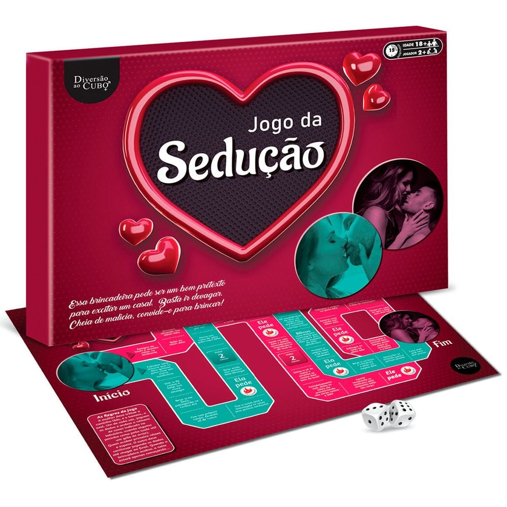 Jogo da Sedução Tabuleiro com desafios sensuais para casais, dado e dois pinos. Ideal para inovar nas preliminares e sair da rotina.