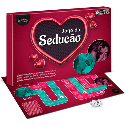 Jogo da Sedução Tabuleiro com desafios sensuais para casais, dado e dois pinos. Ideal para inovar nas preliminares e sair da rotina.