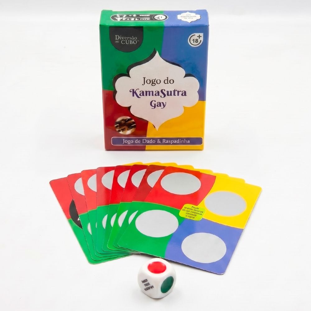 Jogo do Kama Sutra Gay com cartas raspáveis e dado colorido para casais explorarem novas posições. Compre na FeelHot com entrega discreta.