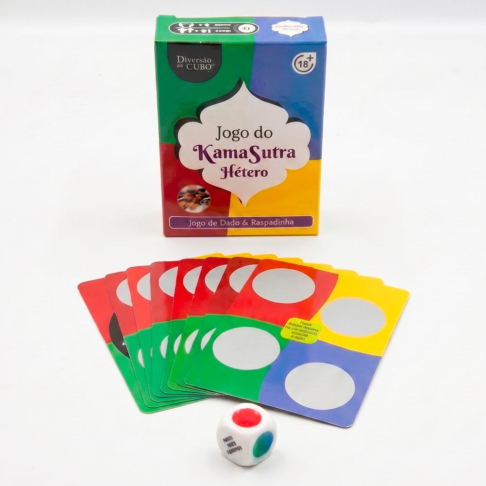 Jogo do Kama Sutra Hétero com cartas raspáveis e dado para casais explorarem novas posições e saírem da rotina. Compre na FeelHot.