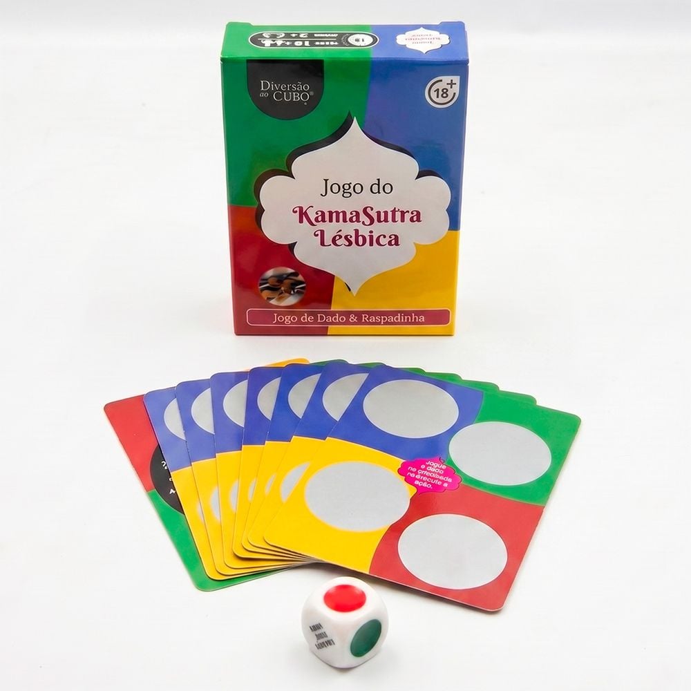 Jogo do Kama Sutra Lésbica com cartas raspáveis e dado para casais de mulheres explorarem novas posições. Compre na FeelHot com entrega discreta.