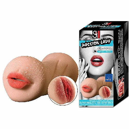 Masturbador masculino boca e vagina Passion Lady em CyberSkin, com textura interna, resistente à água e sem vibrador. 17,5 cm de comprimento.