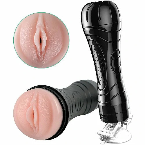 Masturbador Masculino tipo lanterna com ventosa, vibração e textura interna. Possui 24 cm de comprimento e funciona com 2 pilhas AAA. Modelo Vagina Bussy.