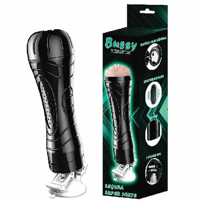 Masturbador Masculino tipo lanterna com ventosa, vibração e textura interna. Possui 24 cm de comprimento e funciona com 2 pilhas AAA. Modelo Vagina Bussy.