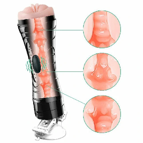 Masturbador Masculino tipo lanterna com ventosa, vibração e textura interna. Possui 24 cm de comprimento e funciona com 2 pilhas AAA. Modelo Vagina Bussy.