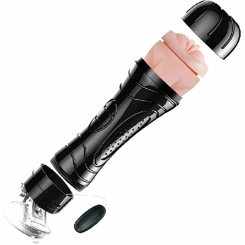Masturbador Masculino tipo lanterna com ventosa, vibração e textura interna. Possui 24 cm de comprimento e funciona com 2 pilhas AAA. Modelo Vagina Bussy.
