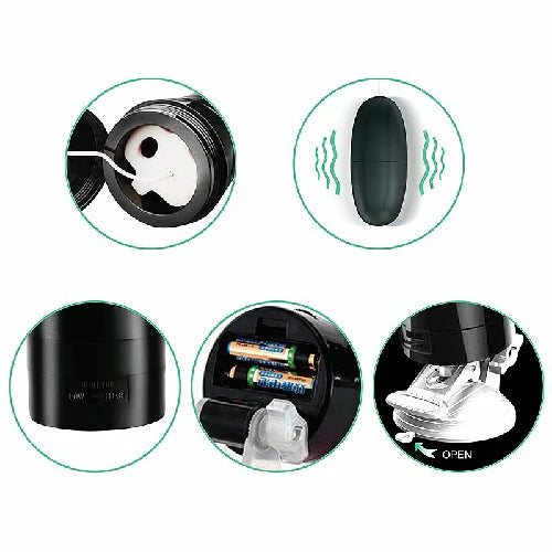 Masturbador Masculino tipo lanterna com ventosa, vibração e textura interna. Possui 24 cm de comprimento e funciona com 2 pilhas AAA. Modelo Vagina Bussy.