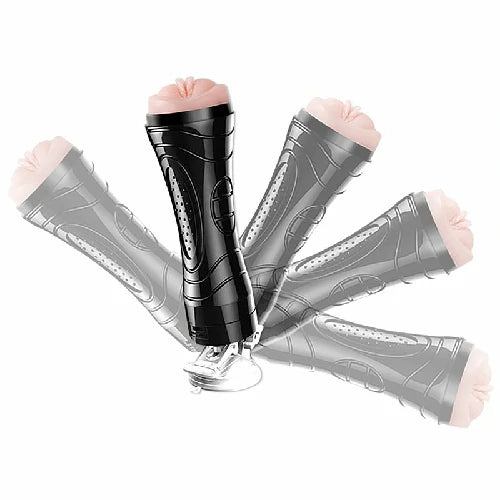 Masturbador Masculino tipo lanterna com ventosa, vibração e textura interna. Possui 24 cm de comprimento e funciona com 2 pilhas AAA. Modelo Vagina Bussy.