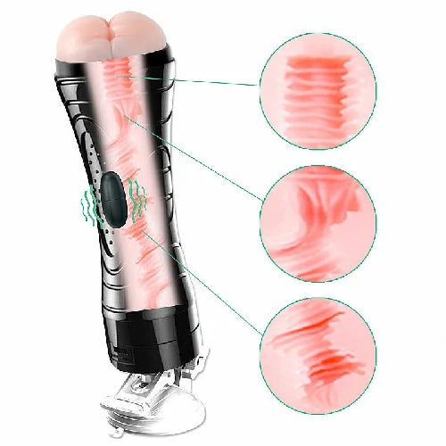 Masturbador Masculino tipo lanterna com ventosa, vibração e textura interna. Possui 24 cm de comprimento e funciona com 2 pilhas AAA. Prático e portátil. Compre na FeelHot.