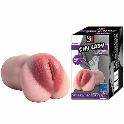 Masturbador Masculino Vagina Shy Lady com textura interna, em Cyberskin macio e suave ao toque. Possui 15 cm de comprimento e 8 cm de largura.