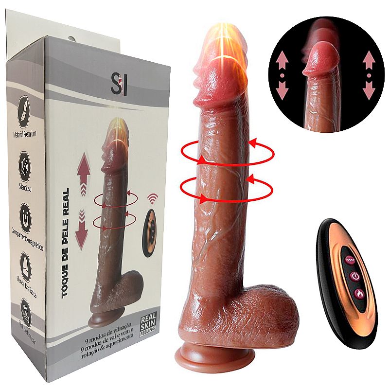 Pênis realístico de silicone líquido com 9 modos de vibração, 9 de vai e vem e rotação, aquecimento, 23 cm e 17 cm penetráveis.