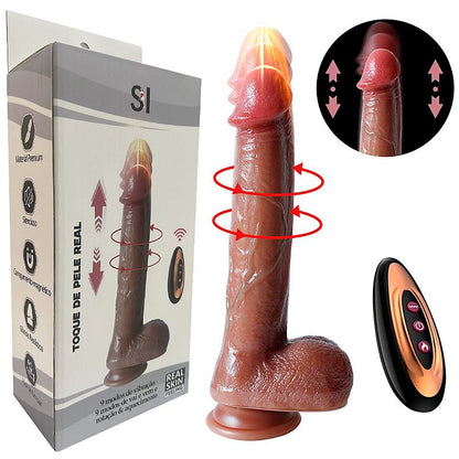 Pênis realístico de silicone líquido com 9 modos de vibração, 9 de vai e vem e rotação, aquecimento, 23 cm e 17 cm penetráveis.