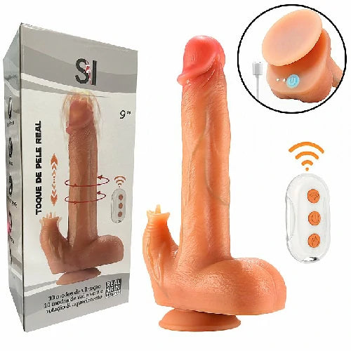 Pênis realístico de silicone com estimulador de clitóris, vibração, vai e vem, rotação, aquecimento, ventosa e controle remoto.