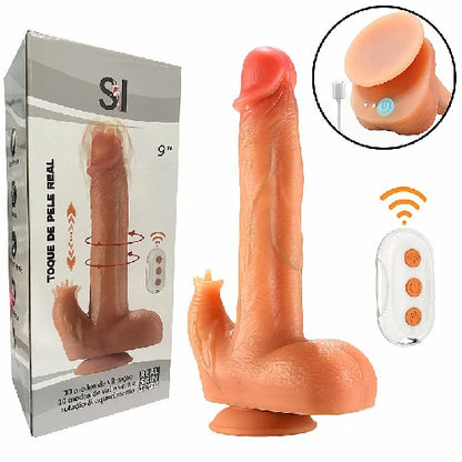 Pênis realístico de silicone com estimulador de clitóris, vibração, vai e vem, rotação, aquecimento, ventosa e controle remoto.