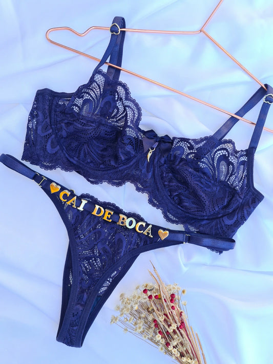 CONJUNTO PERSONALIZAVEL RENDA AZUL MARINHO TAMANHO M