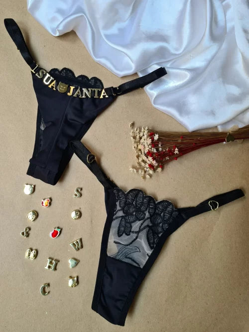 CALCINHA PERSONALIZADA TULE BORDADO PRETO/NUDE