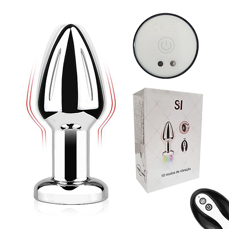 Plug anal com vibro, 10 modos de vibração, controle remoto e LED colorido. Resistente à água, em ABS e silicone, com bateria recarregável.