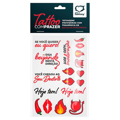 Tattoo com Prazer Sexy Fantasy com 18 tatuagens provisórias e aroma de baunilha. Uma opção divertida para explorar a sensualidade e sair da rotina.