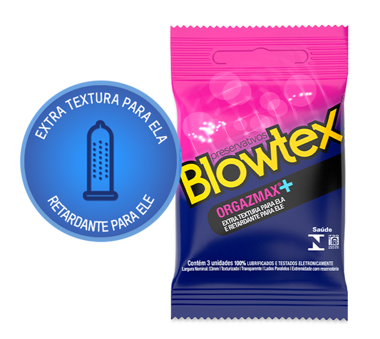 Preservativo Blowtex Orgazmax+ texturizado com bolinhas e efeito retardante. Uma opção para intensificar as sensações e explorar novas experiências.