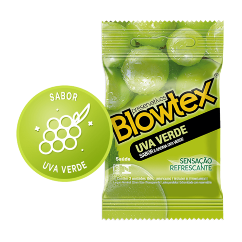 Preservativo Blowtex Uva Verde com 3 unidades, sabor de uva e sensação refrescante. Uma opção diferente para trazer novas sensações aos momentos íntimos.