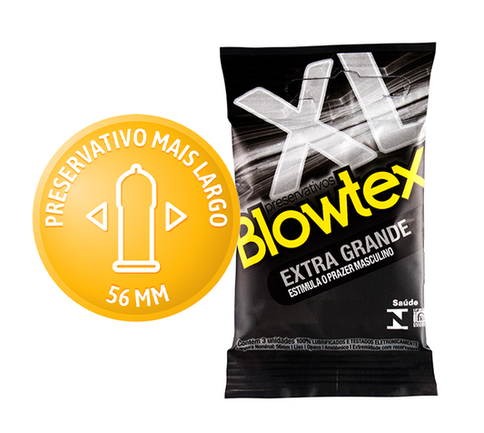 Preservativo Blowtex Extra Grande com 3 unidades, desenvolvido para oferecer mais espaço e conforto. Ideal para quem busca um tamanho maior.
