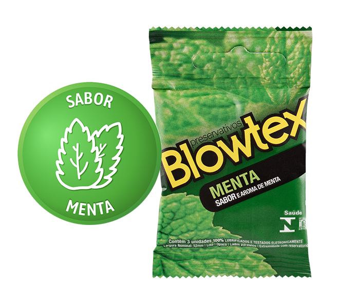Preservativo Blowtex Menta com 3 unidades, lubrificado e com sabor e aroma de menta. Uma opção refrescante para momentos íntimos com mais diversão.