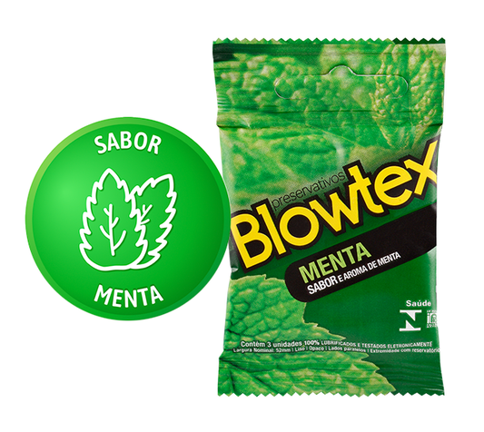 Preservativo Blowtex Menta com 3 unidades, lubrificado e com sabor e aroma de menta. Uma opção refrescante para momentos íntimos com mais diversão.