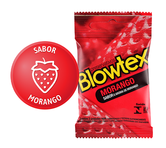 Preservativo Blowtex Morango com 3 unidades, lubrificado e com sabor e aroma de morango. Uma opção divertida para tornar os momentos íntimos ainda mais especiais.