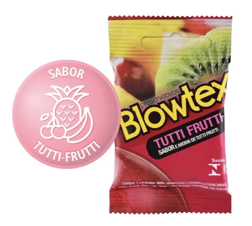 Preservativo Blowtex Tutti Frutti com 3 unidades, lubrificado e com sabor e aroma de tutti frutti. Uma opção divertida para momentos íntimos especiais.