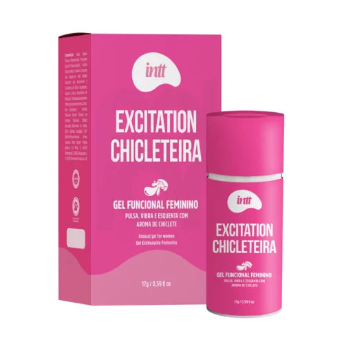 Excitation Chiclete INTT, gel excitante feminino com sabor de chiclete e sensações de aquecimento, vibração e pulsação para explorar novas experiências.