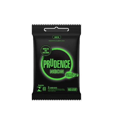Preservativo Neon Prudence com 3 unidades que brilham no escuro. Ideal para quem busca uma experiência diferente e divertida nos momentos íntimos.