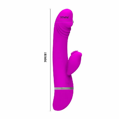 Vibrador Ponto G e Clitóris David Pretty Love, na cor roxa, com 30 modos de vibração, silicone e resistência à água para diferentes experiências. Medidas