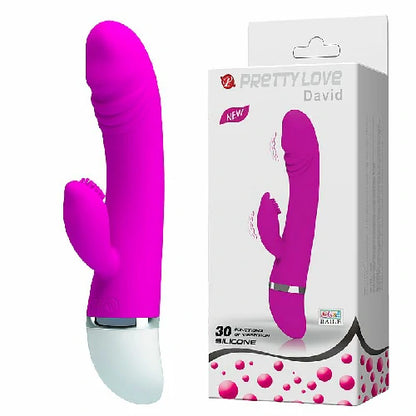 Vibrador Ponto G e Clitóris David Pretty Love, na cor roxa, com 30 modos de vibração, silicone e resistência à água para diferentes experiências. Com caixa