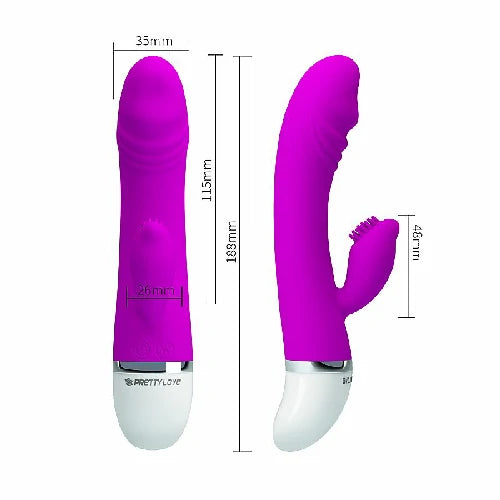 Vibrador Ponto G e Clitóris David Pretty Love, na cor roxa, com 30 modos de vibração, silicone e resistência à água para diferentes experiências. Varias medidas